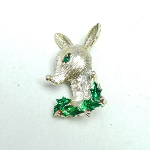 Vintage Gerry's Christmas Deer Brooch, Gold Tone Green Enamel Rhinestone Eye - Picture 2 of 7